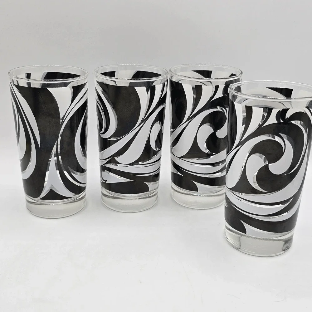 Libbey Partytime Mid-Century Black and White Atomic Swirl Glasses Vhtf Mod